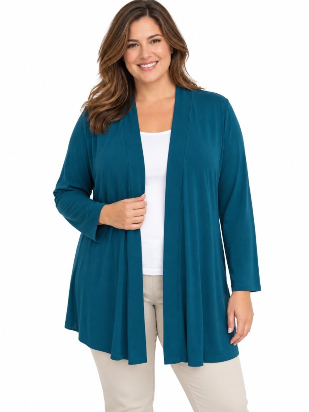 Susan Graver Teal Liquid Knit Long Line Cardigan Size XL Ruched Back LIKE NEW